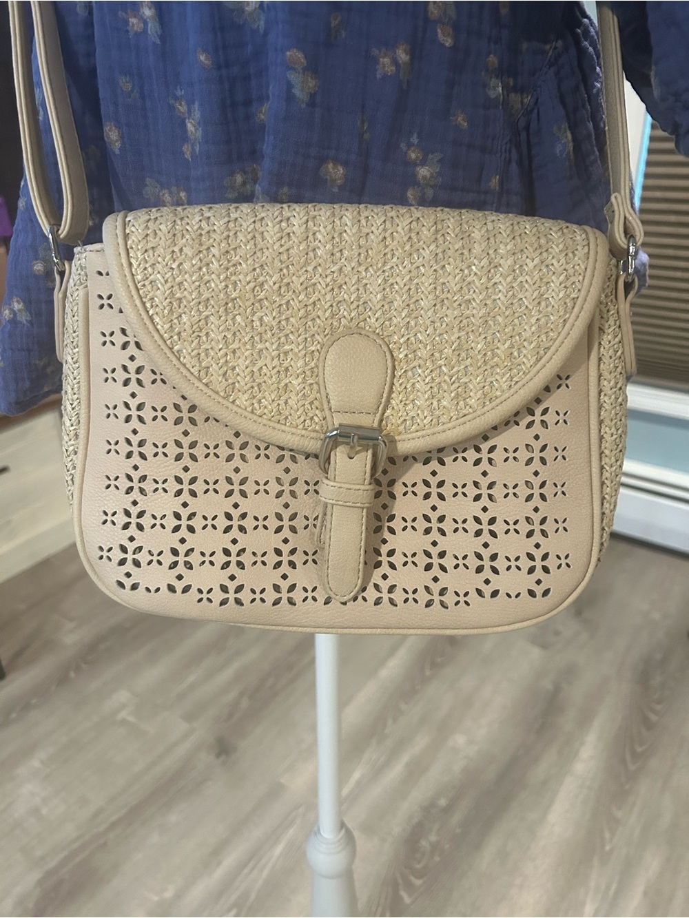 Beige Woven & Laser-Cut Crossbody Bag - Casual Chic